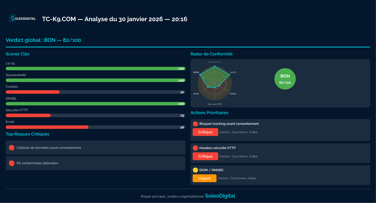 Exemple de livrable — rapport exécutif SoleoDigital